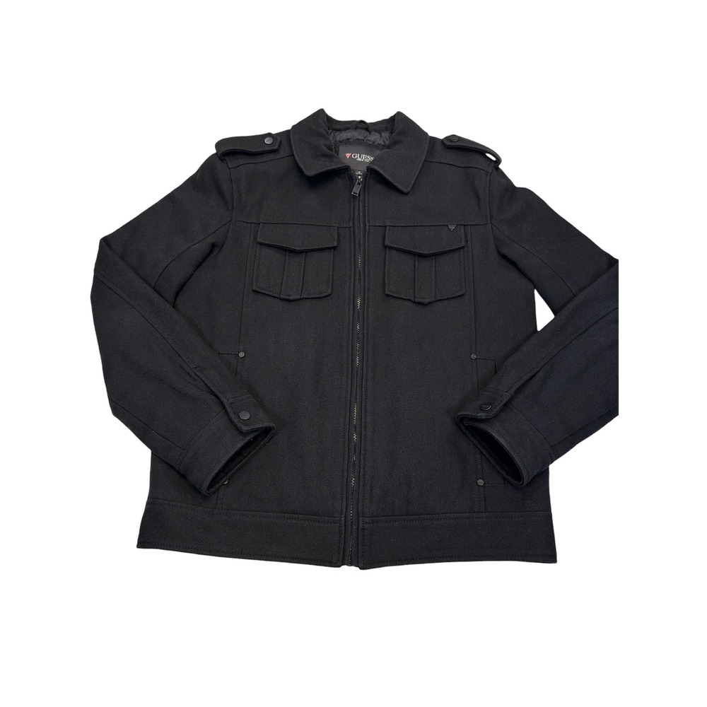 Guess Men's Black Wool Blend Military Jacket‎ Size M Zip Front Epaulet Pockets